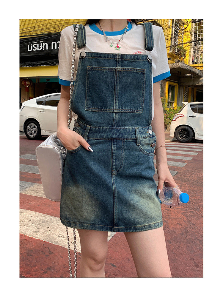 YC & American Retro Sweet Girl Strap Skirt A- line Skirt Slimming Joker dress Denim Skirt Spring and Summer