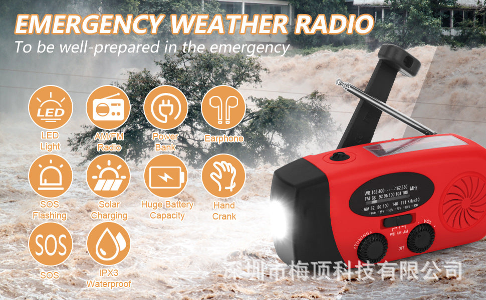 5000Mah Amazon Portable Emergency Radio Multi-Functional Solar-Powered Hand-Cranked Multi-Band Radio