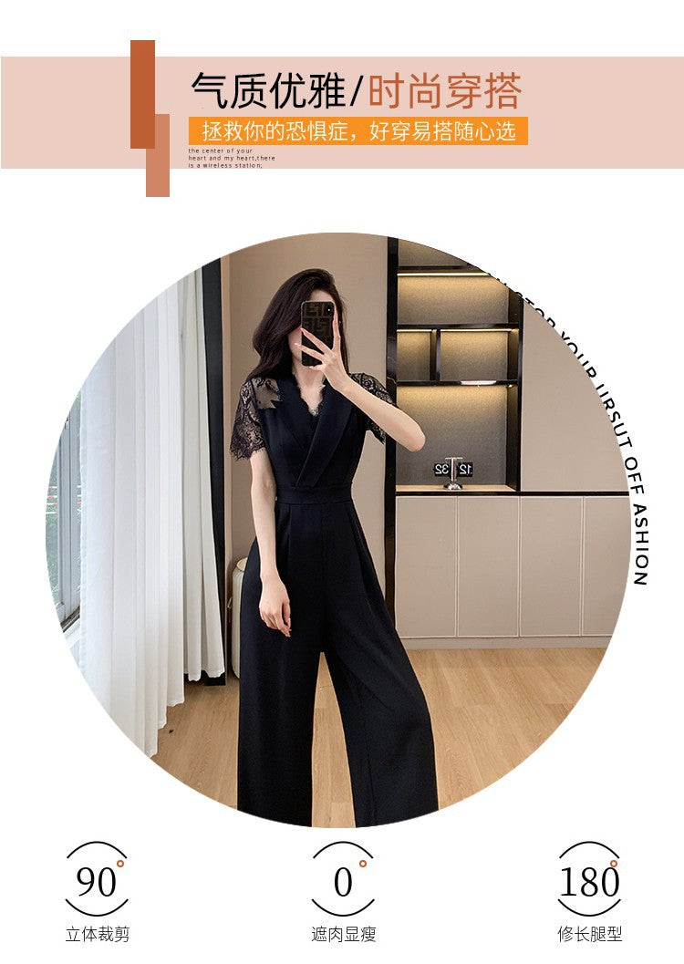 Cross-border High Leng Yujie Style Pants Women's Summer Short-sleeved High Waist Lace Stitching Hollow-out Pants Straight Pants
