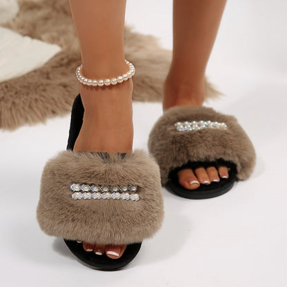 New Foreign Trade Pearl Chain Large Plush Flat Slippers for Women, Fashionable Open-Toe Home Cotton Slippers for Cross-Border