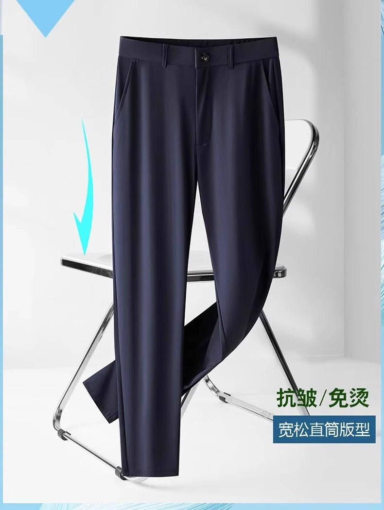 Wholesale men's ice silk trousers new casual pants men's slim-fit high stretch pants men's non-ironing black business men