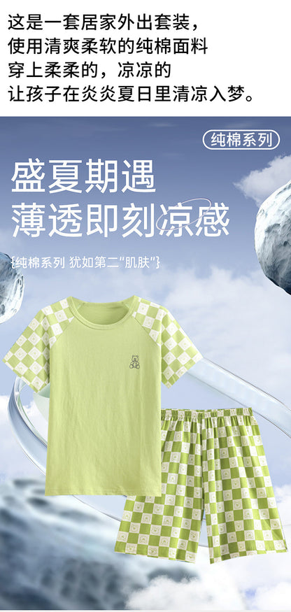Children's Pajamas, Pure Cotton, Summer Short-Sleeved Shorts Set for Boys, Home Clothes for Girls, Air-Conditioned Clothes for Middle-Aged and Older Boys