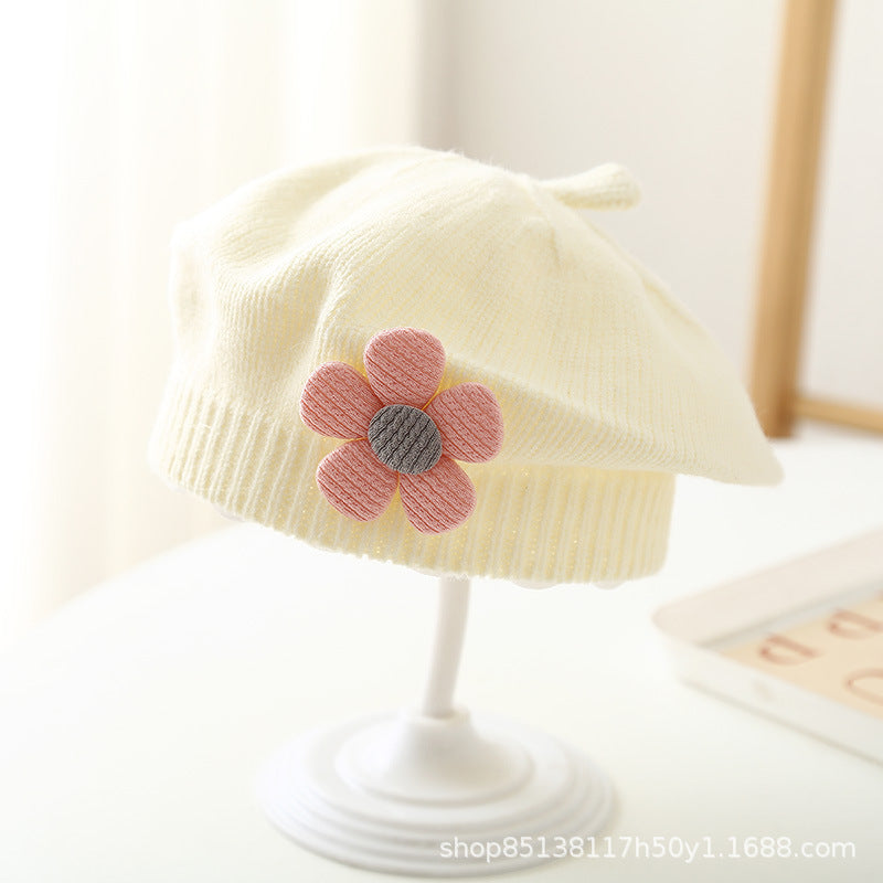 Baby hat autumn and winter baby girls' cute flower beret children's wool hat girls' knitted painter hat fashion