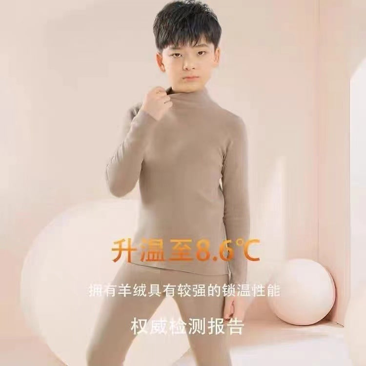 Mid-high collar children's velvet thermal suit for boys ground plush cold-proof one-piece velvet large children's thick thermal underwear