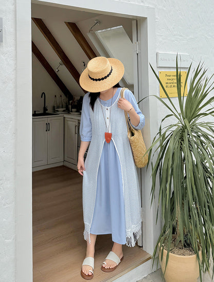 Two days 2025 spring new plus size women's tassel hollow blouse/solid color waist dress 8782AB