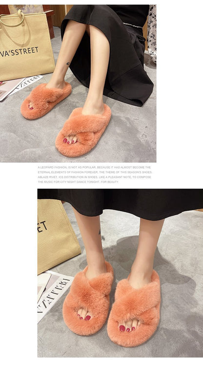 Foreign Trade Furry Slippers for Women 2025 Autumn and Winter New Korean Style Lazy Outer Wear Cross Thick-Soled Open-Toe Slippers for Outer Wear