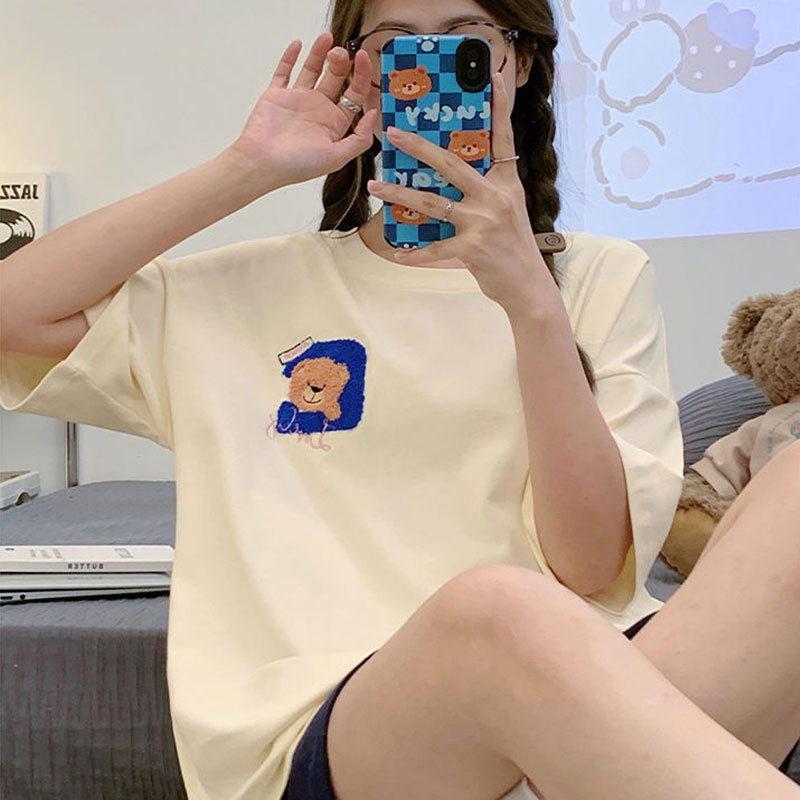 New Style Pajamas Women's Summer Short-sleeved Pullover Thin Cartoon Cartoon Bear Girl Home Clothes suit Women's Outwear