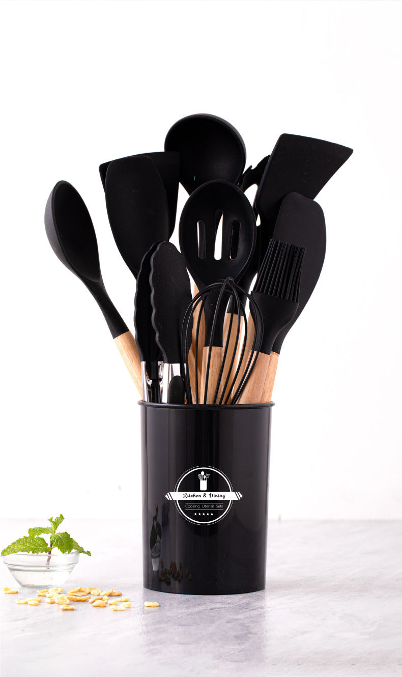 Wholesale Wooden Handle Silicone Kitchenware 12 Pieces suit Household Non-Stick Cooking High Temperature Resistant Cooking Silicone Spoon suit