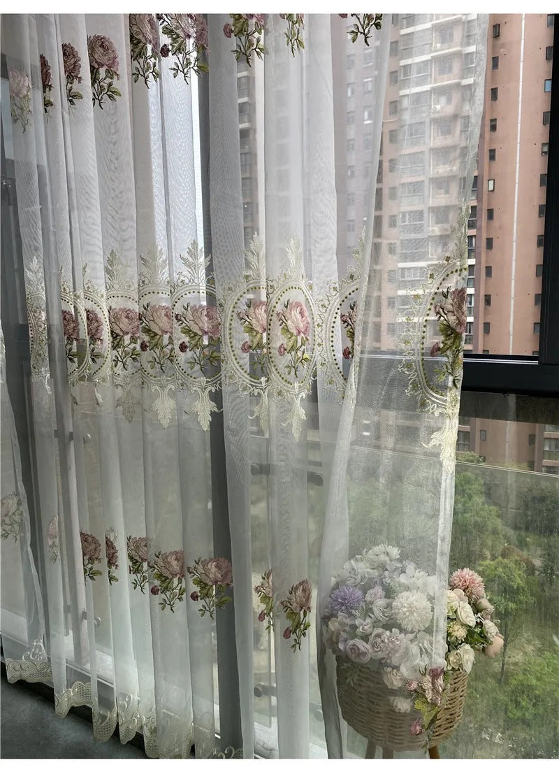 American Luxury Peony Embroidery Tulle Curtains for Living Room European Elegant Flower Embroidered Sheer Voile Bedroom Window