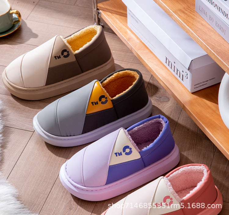 New Leather Waterproof Cotton Slippers for Women in Winter Indoor Thick-Soled Warm Home Fleece-Lined Bag and Couple Wool Slippers for Men