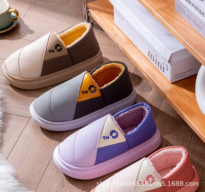 New Leather Waterproof Cotton Slippers for Women in Winter Indoor Thick-Soled Warm Home Fleece-Lined Bag and Couple Wool Slippers for Men
