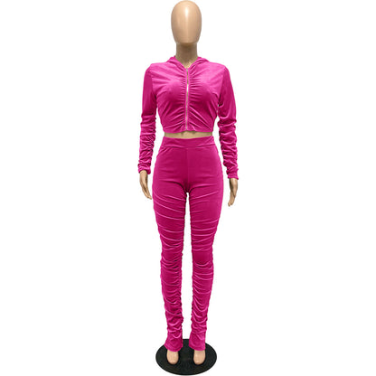 F185 European and American Women's Clothing Amazon Spring Two-piece Korean Velvet Solid Color Long Sleeve Navel Pleated Sports Suit