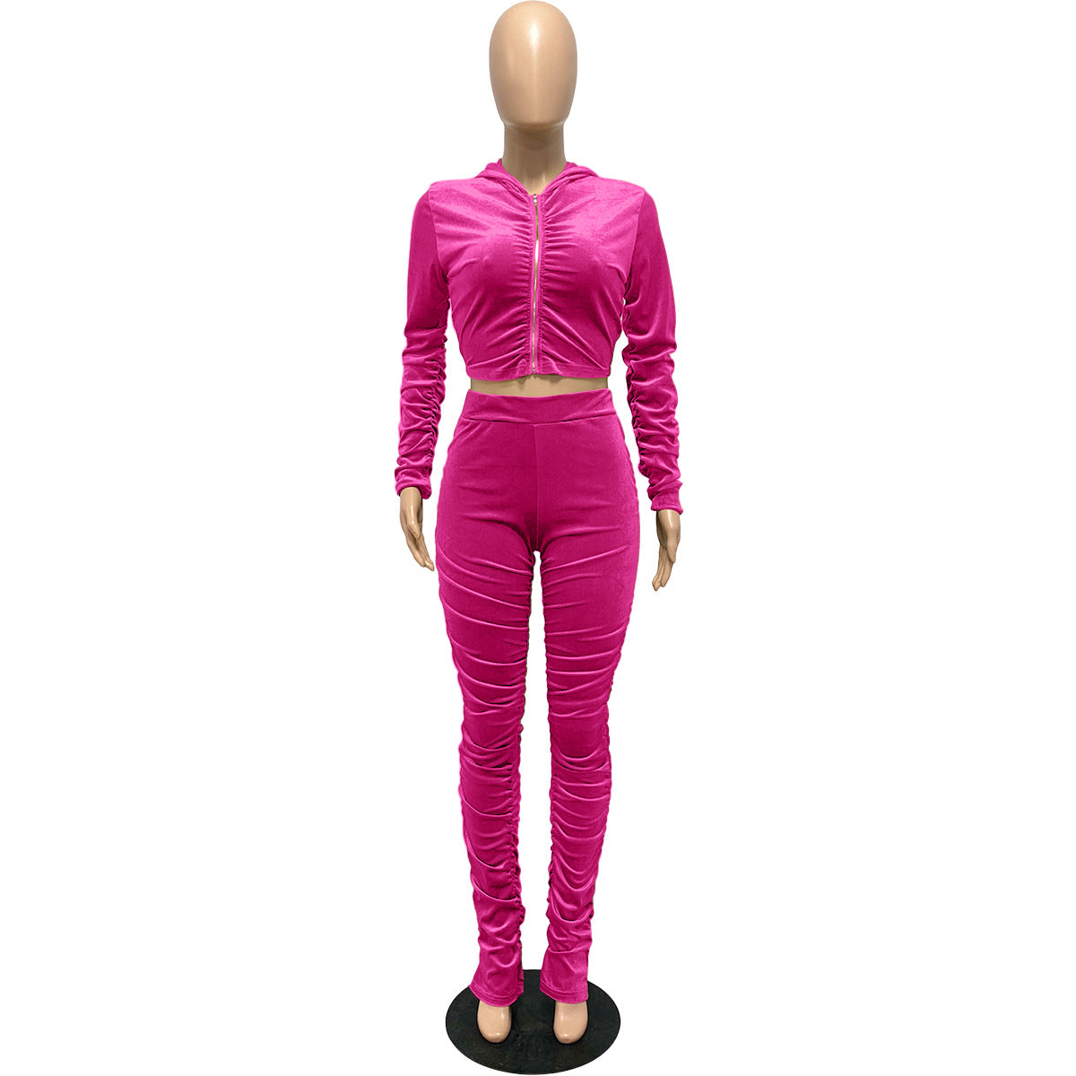 F185 European and American Women's Clothing Amazon Spring Two-piece Korean Velvet Solid Color Long Sleeve Navel Pleated Sports Suit