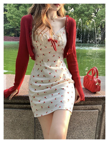 Plus Size Fat mm French Sweet Sexy Sweet Contrasting Suspender Skirt Women's Summer Red Cardigan + Floral Skirt Two-Piece Set