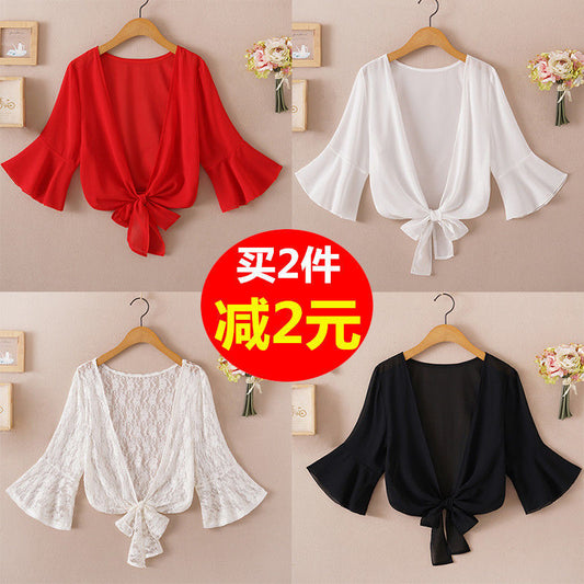 2025 Summer Sunscreen Clothing Chiffon Small Shawl Jacket Women's All-match Small Waistcoat Short Sleeve Thin Outer Short Cardigan by PDG ibma