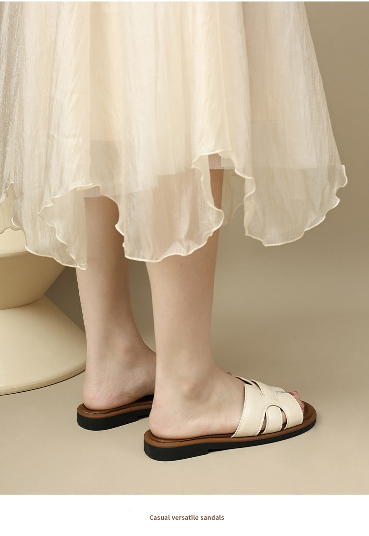 2025 New French Retro Leather Slippers Niche Casual Flat Versatile Slip-On Sandals for Women
