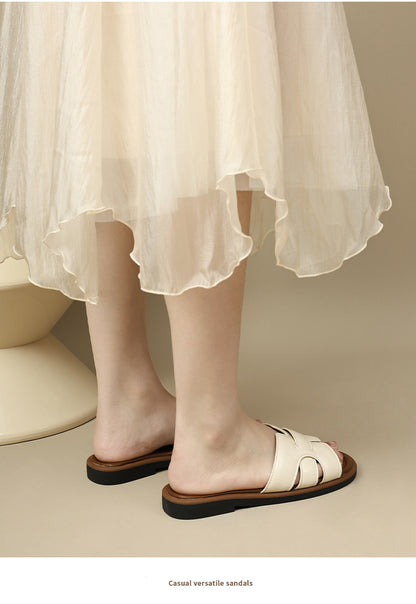 2025 New French Retro Leather Slippers Niche Casual Flat Versatile Slip-On Sandals for Women