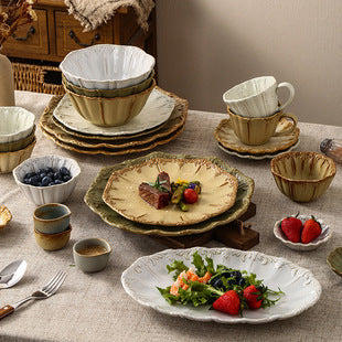 Retro Style Ceramic Kiln Straw Hat Plate Restaurant Hotel Home Threaded Pasta Plate Japanese Fruit Salad Snack Plate