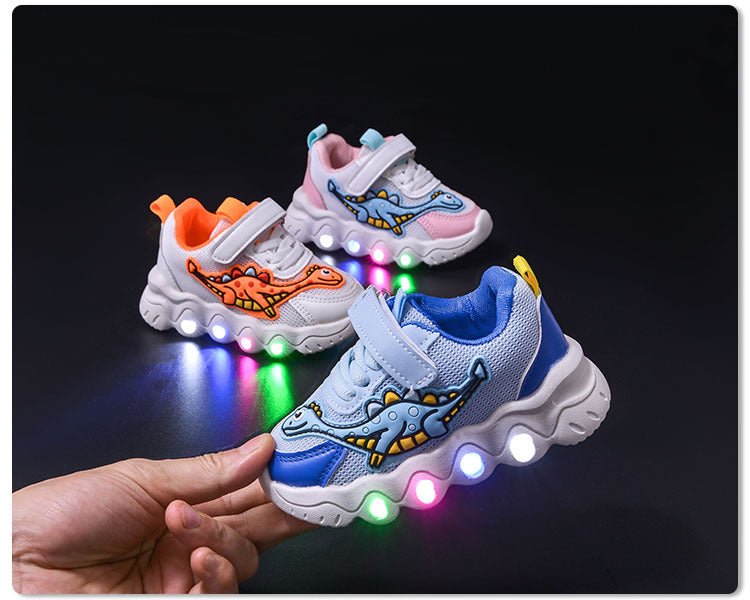Spring New Style Dinosaur Led Light Sneakers for Boys and Girls Spring & Fall New Mesh Breathable Casual Light Shoes for Children and Middle-Aged Children