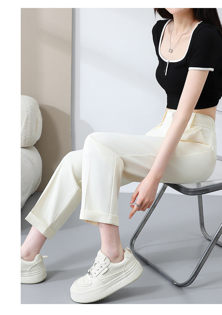 New Style Ice Silk Suit Pants for Petite Women, Cropped Straight-Leg Pants, Summer Thin Cigarette Pants, Free Shipping