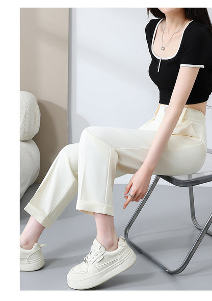 New Style Ice Silk Suit Pants for Petite Women, Cropped Straight-Leg Pants, Summer Thin Cigarette Pants, Free Shipping