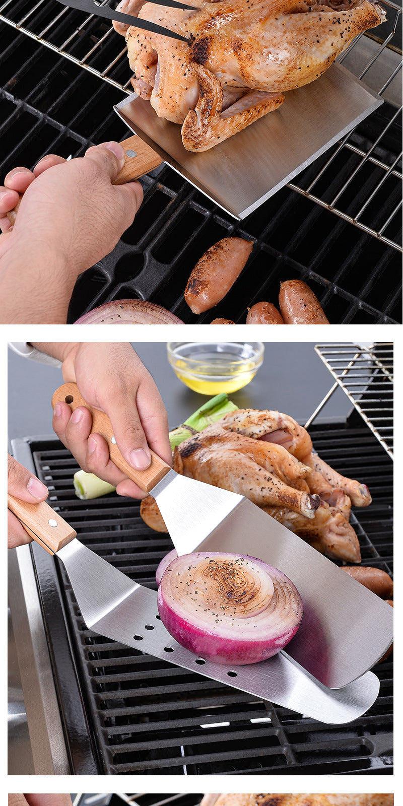 Wooden Handle Stainless Steel Spatula Korean Teppanyaki Cooking Spatula Steak Spatula Pancake Pizza Spatula Tool Set