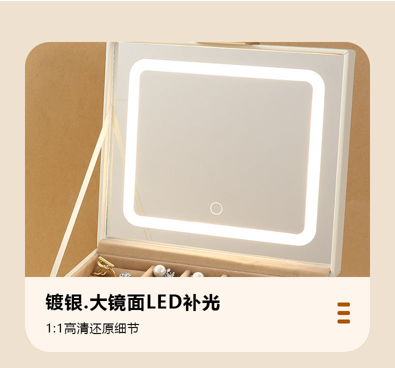 Cross-border PU three-layer cosmetic mirror with LED light high-end jewelry box earring ring necklace bracelet princess jewelry box