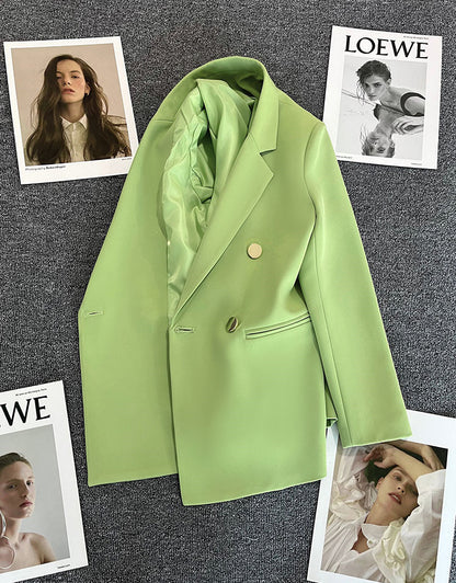 Green Metal Buckle Korean Style 2024 Spring and Autumn New Milk White Suit Jacket Women's Casual All-match High-end Suit