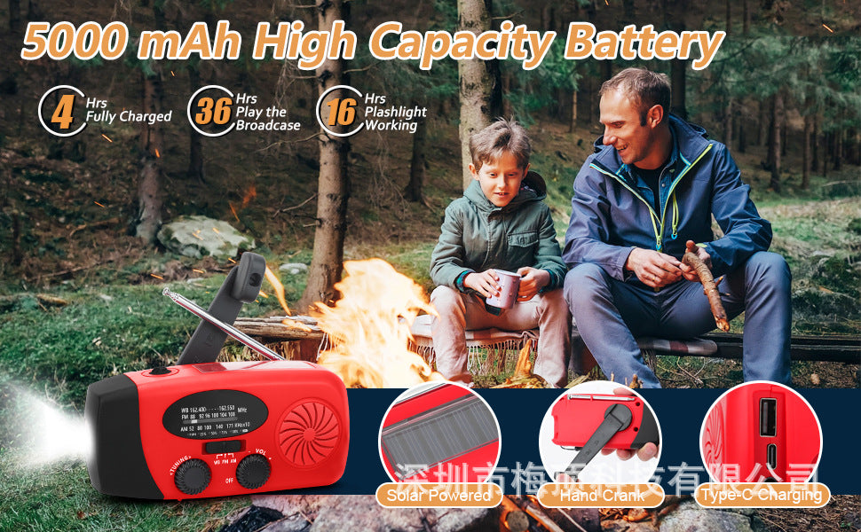 5000Mah Amazon Portable Emergency Radio Multi-Functional Solar-Powered Hand-Cranked Multi-Band Radio