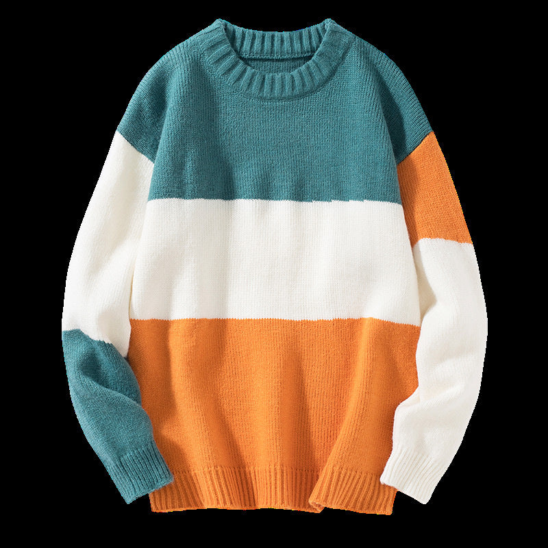 2023 autumn and winter new men's striped sweater men's casual trendy bottoming shirt color matching pullover trendy brand sweater men