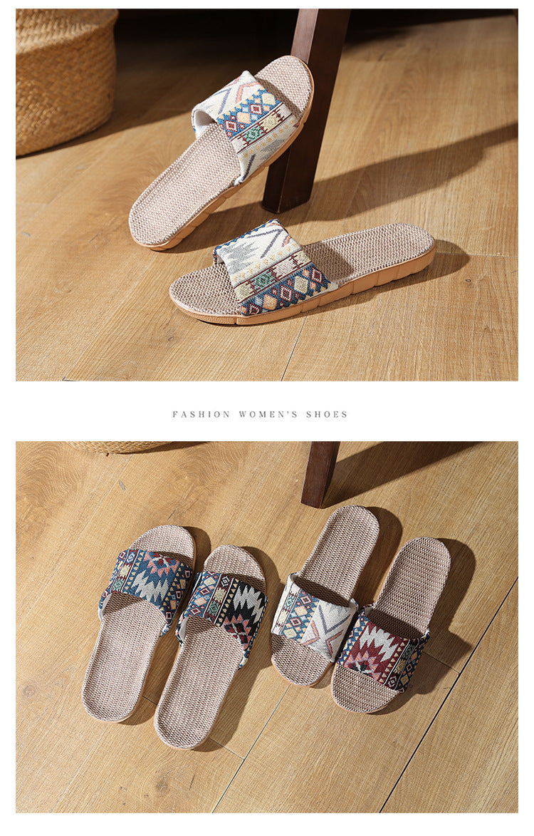 Four Seasons Home Linen Slippers Fashion Printed Thick Sole Non-Slip Sweat-Absorbent Wear-Resistant Large Sole Couple Linen Slippers Ethnic Style