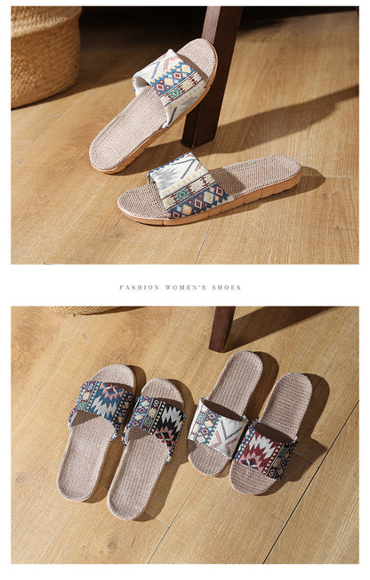 Four Seasons Home Linen Slippers Fashion Printed Thick Sole Non-Slip Sweat-Absorbent Wear-Resistant Large Sole Couple Linen Slippers Ethnic Style