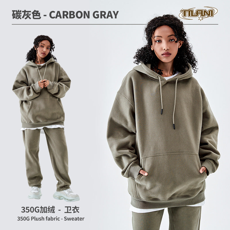 Tilani Men's Clothing European and American Trendy Brand High Quality 350g Fleece-Lined Thick Men's and Women's Hooded Sweatshirt and Sweatpants Pure Color Suit