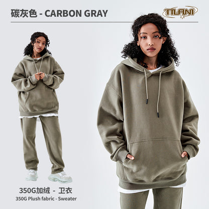 Tilani Men's Clothing European and American Trendy Brand High Quality 350g Fleece-Lined Thick Men's and Women's Hooded Sweatshirt and Sweatpants Pure Color Suit