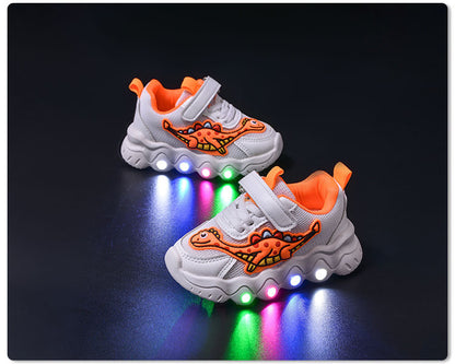 Spring New Style Dinosaur Led Light Sneakers for Boys and Girls Spring & Fall New Mesh Breathable Casual Light Shoes for Children and Middle-Aged Children