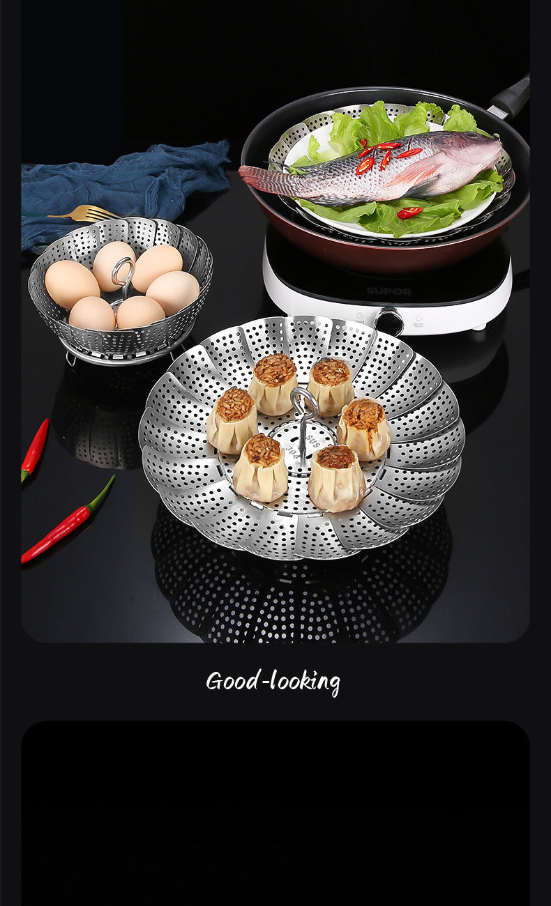 304 stainless steel retractable steamer household small steamer bag water-proof steamer multi-functional folding draining steamer wholesale