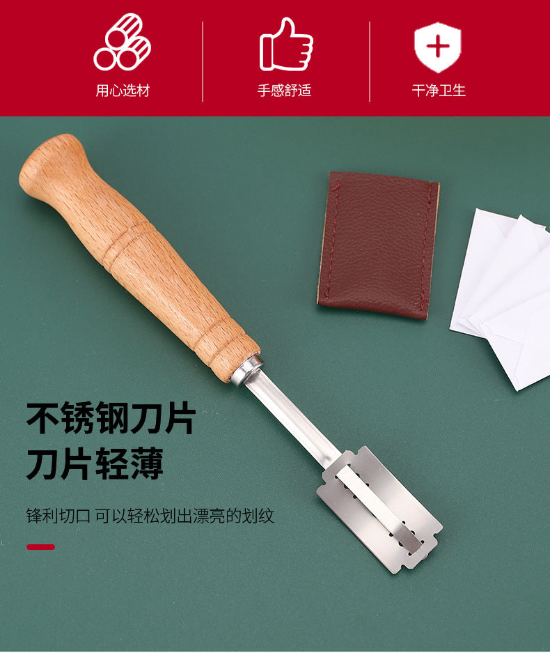 Wooden Handle Curved Bread Cutter Creative Stainless Steel Bread Trimming Knife Dough Dividing Knife European Style Baguette Cutting Pattern