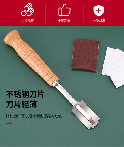 Wooden Handle Curved Bread Cutter Creative Stainless Steel Bread Trimming Knife Dough Dividing Knife European Style Baguette Cutting Pattern