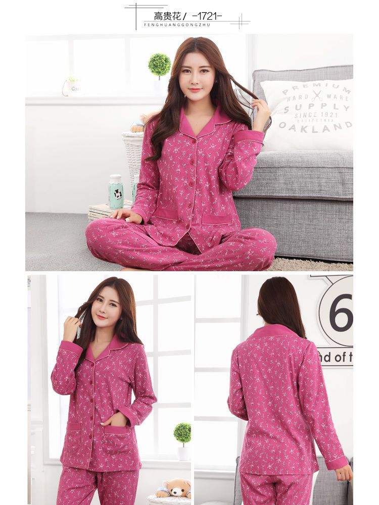 Autumn and Winter Women's 100 Pure Cotton Pajamas Women's Loose Cardigan for Middle-aged and Elderly Mothers Spring and Autumn Long-sleeved Casual Home Clothes
