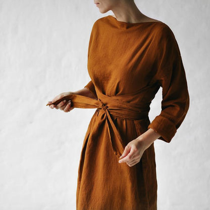 2023 new cotton and linen dress long sleeve off-neck lace-up dress