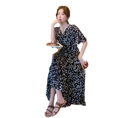 2024 Summer dress Summer plus size Women's New Loose Slimming Belly Covering Plus Weight Plus Chiffon Long Dress All-match
