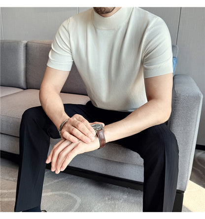 Tiktok Taobao Dropshipping Men's Short-Sleeve Knitwear, Fashionable Versatile Half-Turtleneck Slim-Fit Half-Sleeve Sweater Base Shirt