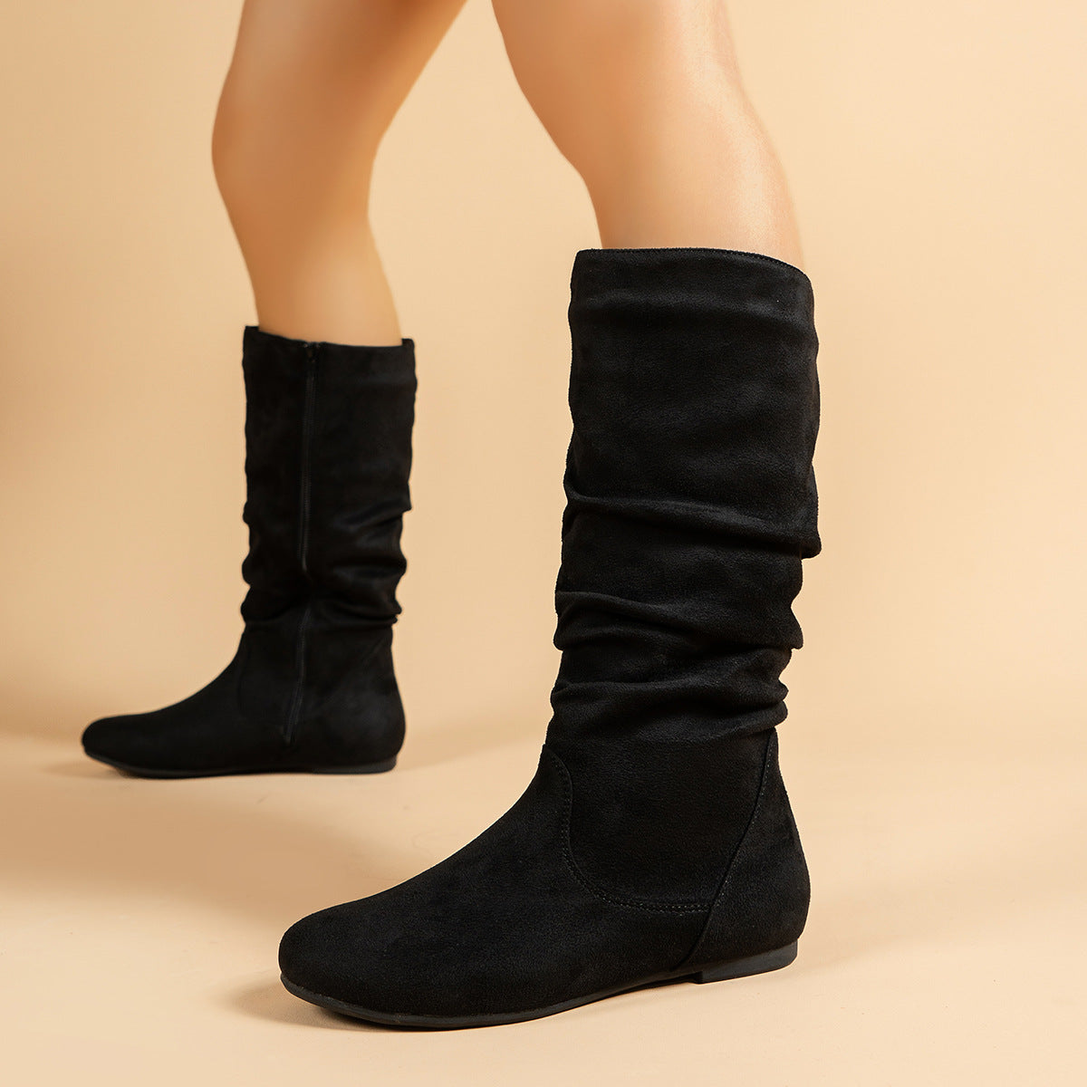 Free Shipping Cross-Border Pleated Fashion Boots with Inner Zipper, Flat Comfortable Women's Boots, Versatile European and American Style Flat Mid-Calf Boots