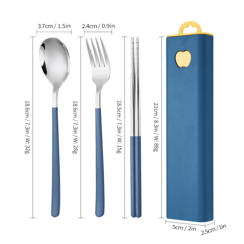 304 Stainless Steel Convenient Tableware Fork, Spoon and Chopsticks Three-Piece Set Outdoor Travel Student Storage Box Tableware Set