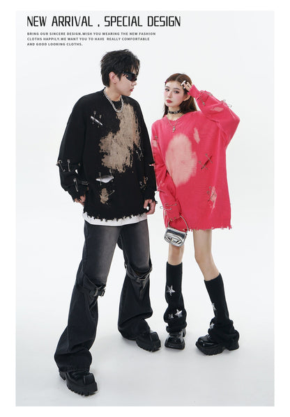 TIDE CARD LOG | Autumn and winter high street fashionable design faded pin ripped couple round neck loose sweater