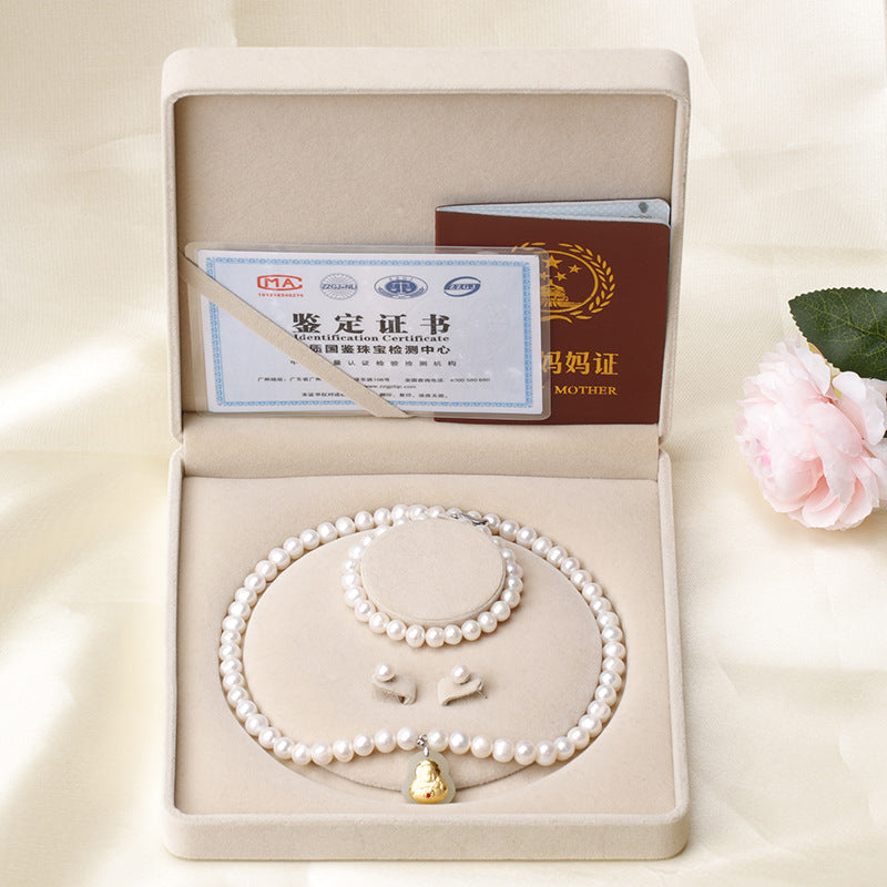 8-9 Natural Freshwater Pearl Necklace, Gold-Inlaid Jade Small Buddha Jade Necklace, Gift for Mom on Mother's Day