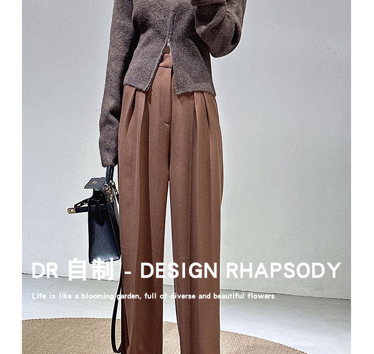 Spring and Autumn New Style Old Money Style Brown Coffee Color Suit Pants for Women, Wide-Leg Pants with Drape Effect, Slimming, Extended Length for Tall Individuals, Straight-Leg Pants