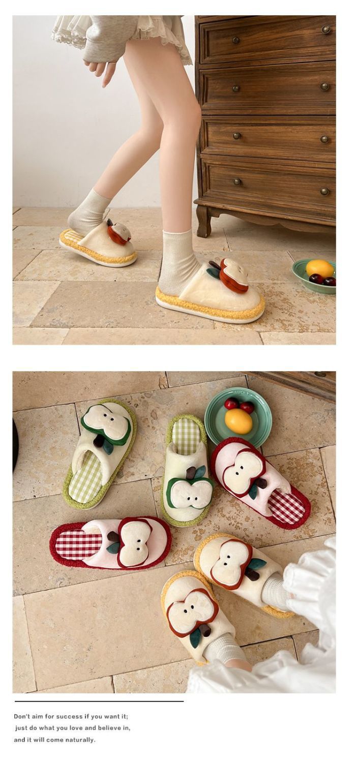 Apple Cute Closed-Toe Plush Cotton Slippers for Women, Winter 2026 New Model, Indoor Home Warm Non-Slip Odor-Resistant