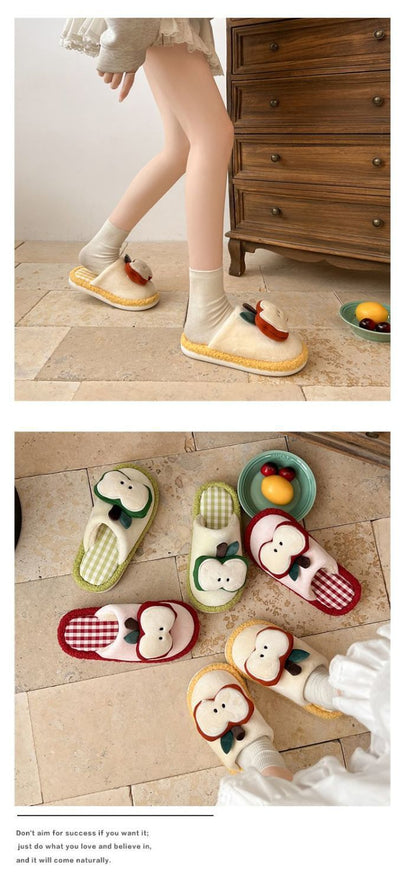 Apple Cute Closed-Toe Plush Cotton Slippers for Women, Winter 2026 New Model, Indoor Home Warm Non-Slip Odor-Resistant
