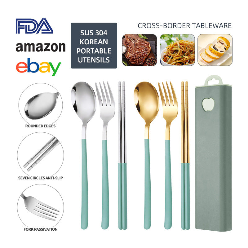304 Stainless Steel Convenient Tableware Fork, Spoon and Chopsticks Three-Piece Set Outdoor Travel Student Storage Box Tableware Set